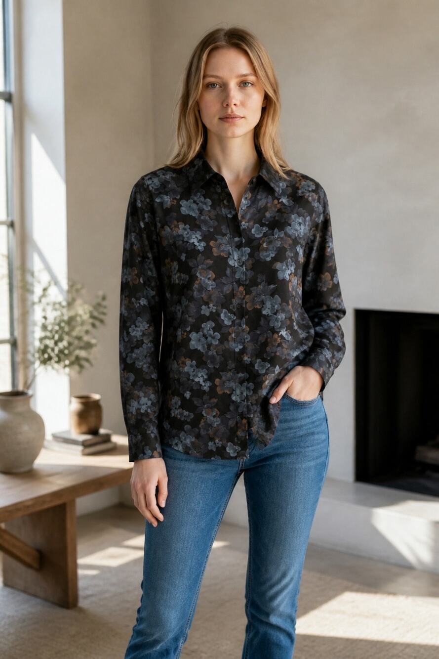NWT S Elie Elie Tahari Black Blue Watercolor Floral Button Down Blouse